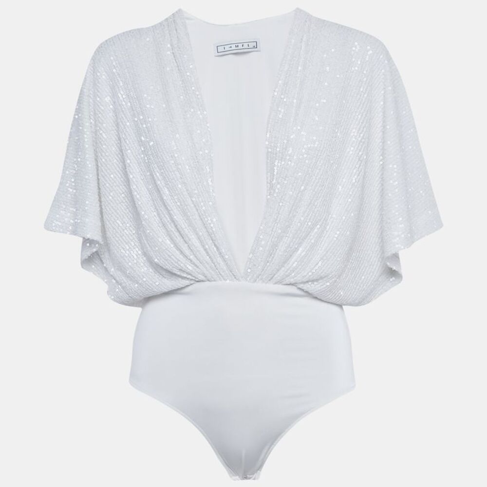 Itmfl White Sequin Plunge Neck Bodysuit Xs
